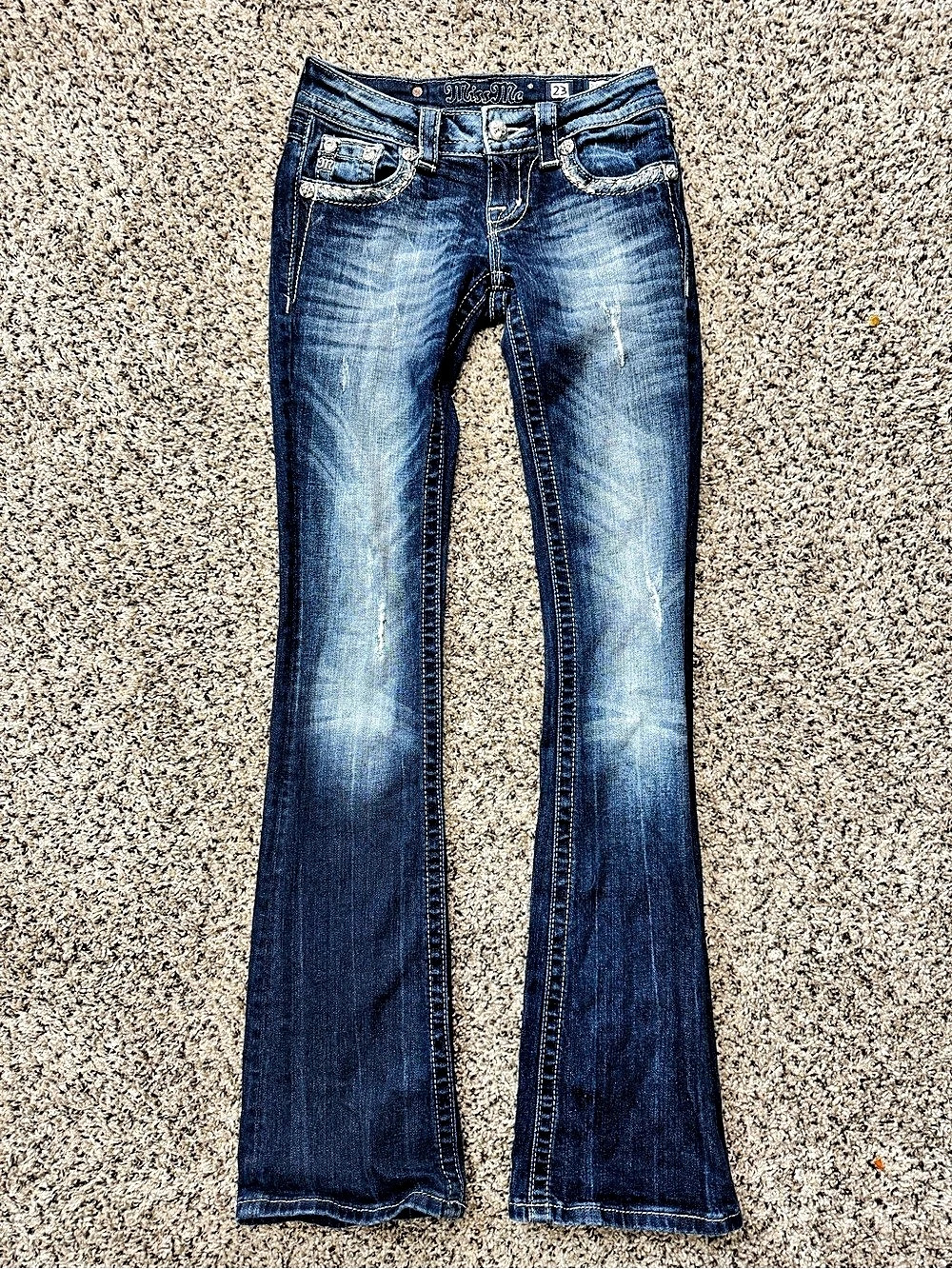 Miss Me Butterfly Pocket Mid-Rise Bootcut Jeans Blue Waist 23